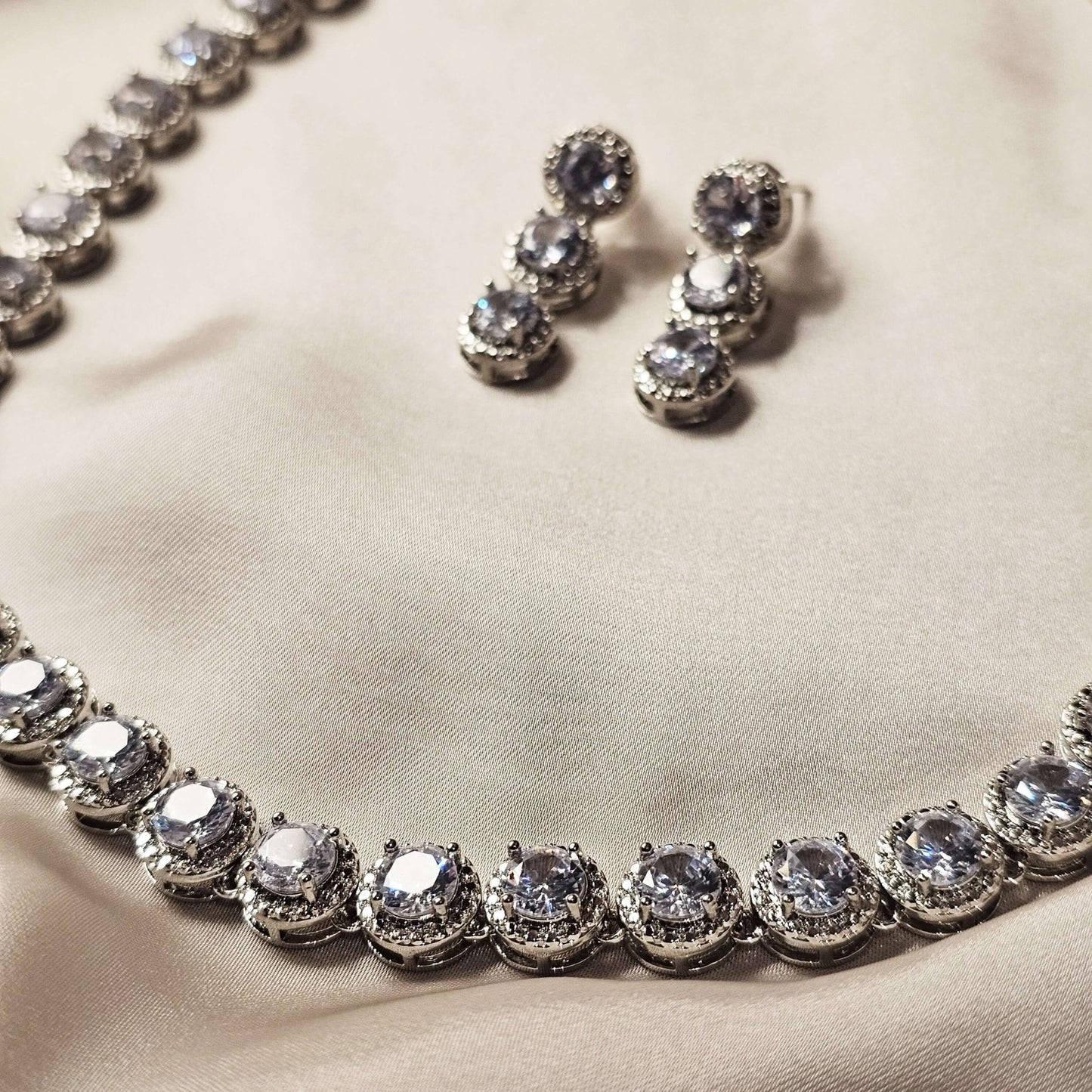 Elegant Rhinestone Jewelry Set, Luxury Full Faux Diamond Crystal Round Link Necklace - FAH Jewelry