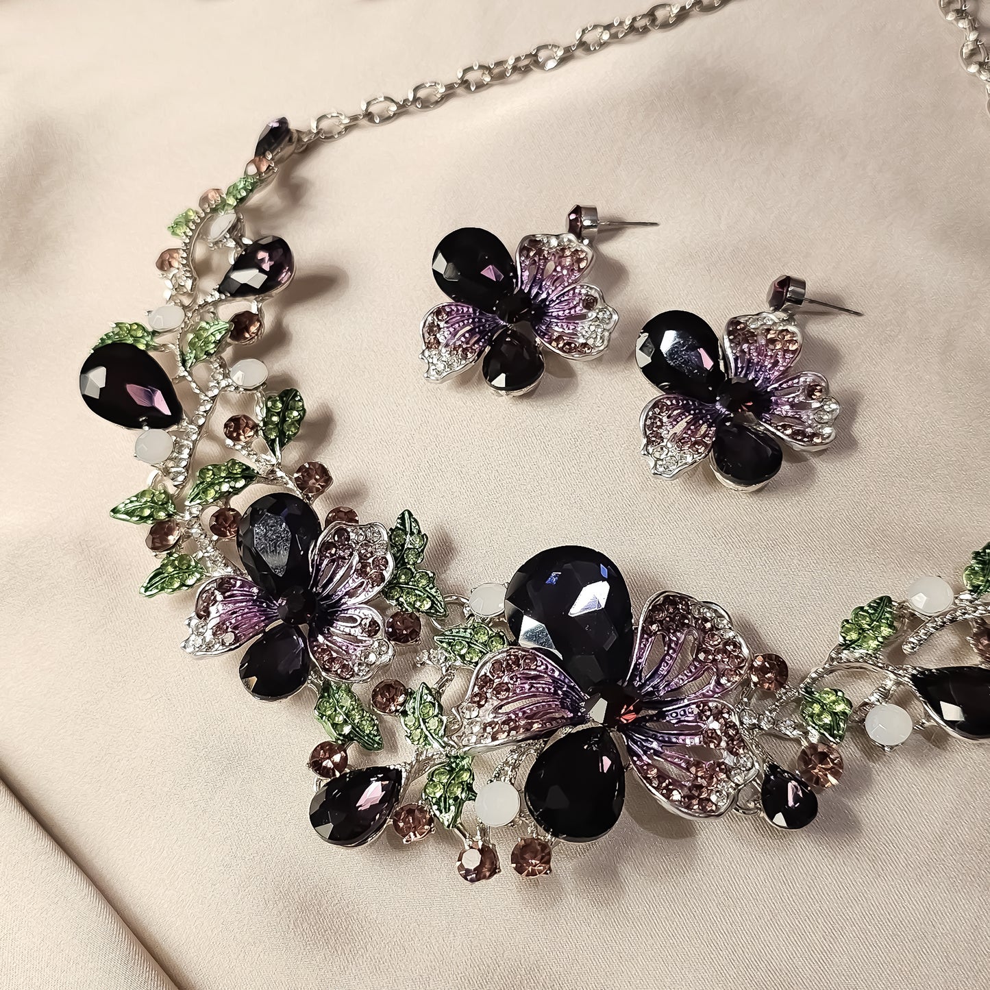 Crystal Rhinestones Purple Flower Statement Necklace Earrings Set