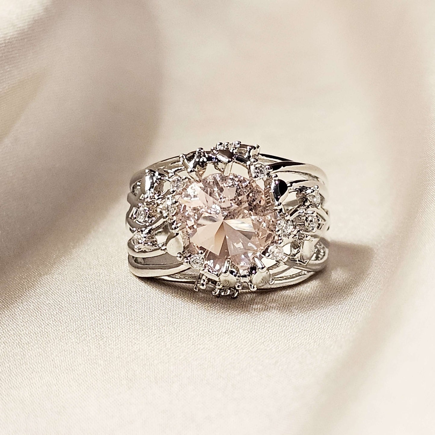 Flowers Design White Pink Crystal Rhinestone Classic Ring