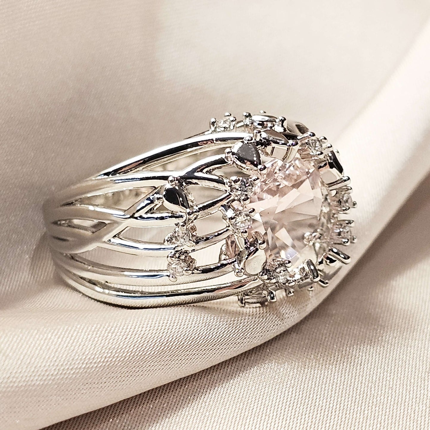 Flowers Design White Pink Crystal Rhinestone Classic Ring