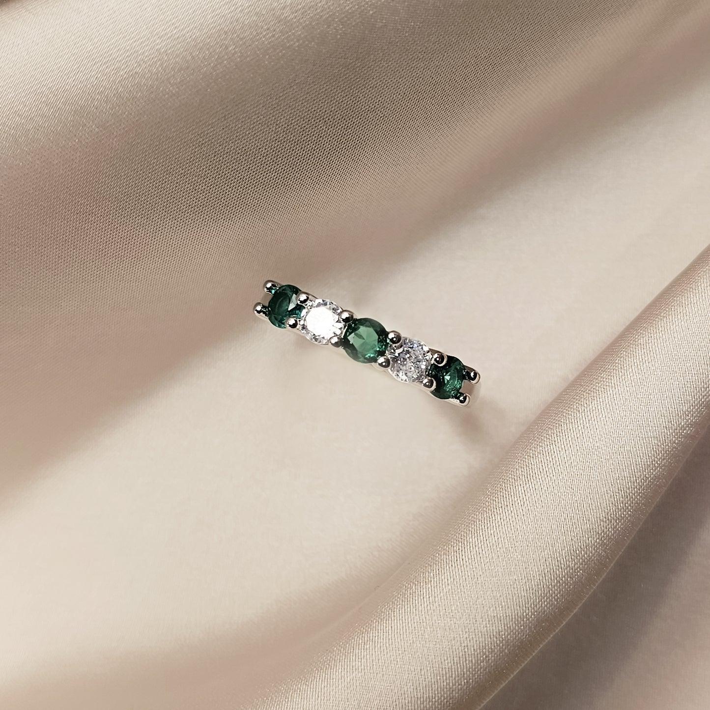 White Finish Cubic Zirconia & Emerald Ring