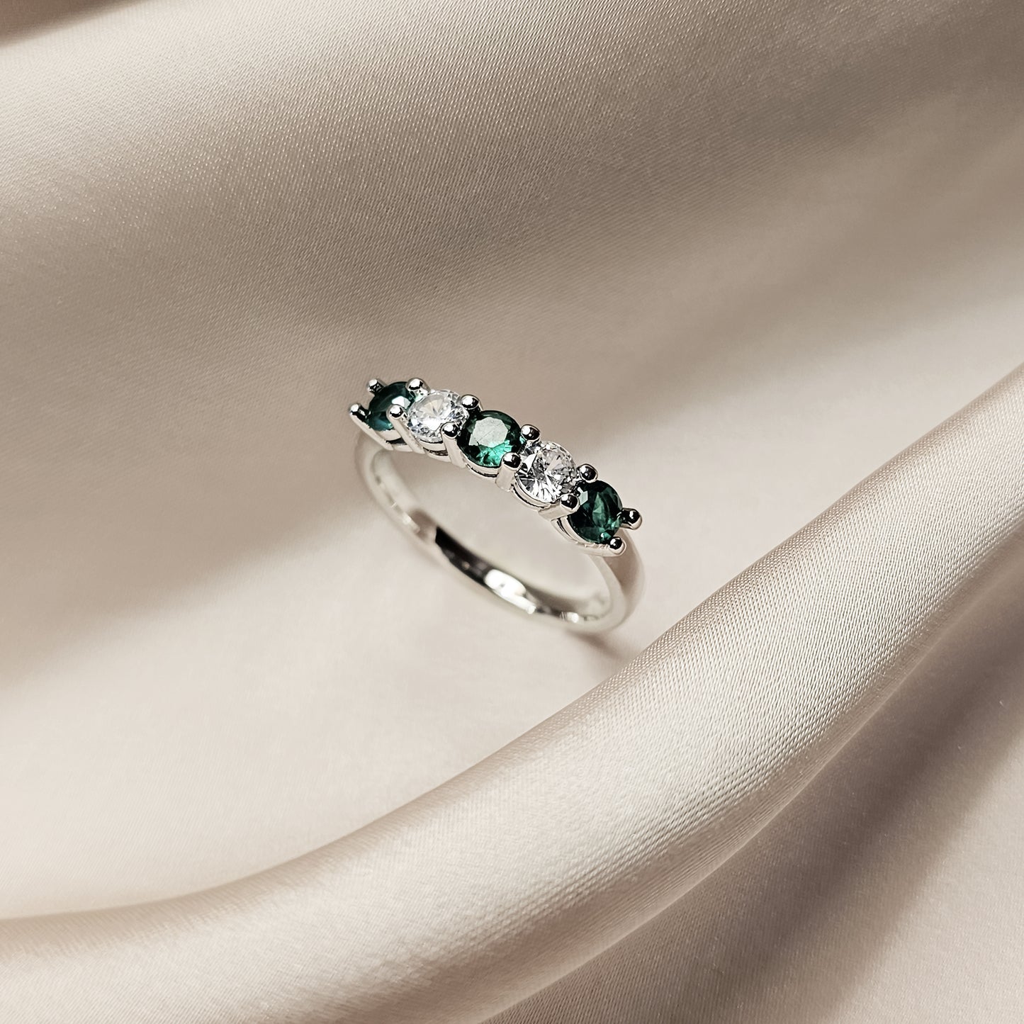 White Finish Cubic Zirconia & Emerald Ring