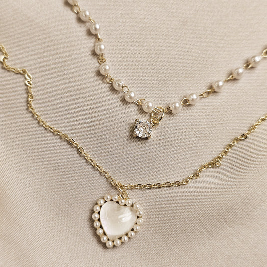 Pearl Double-layer love Necklace Collarbone Chain and Neck Chain