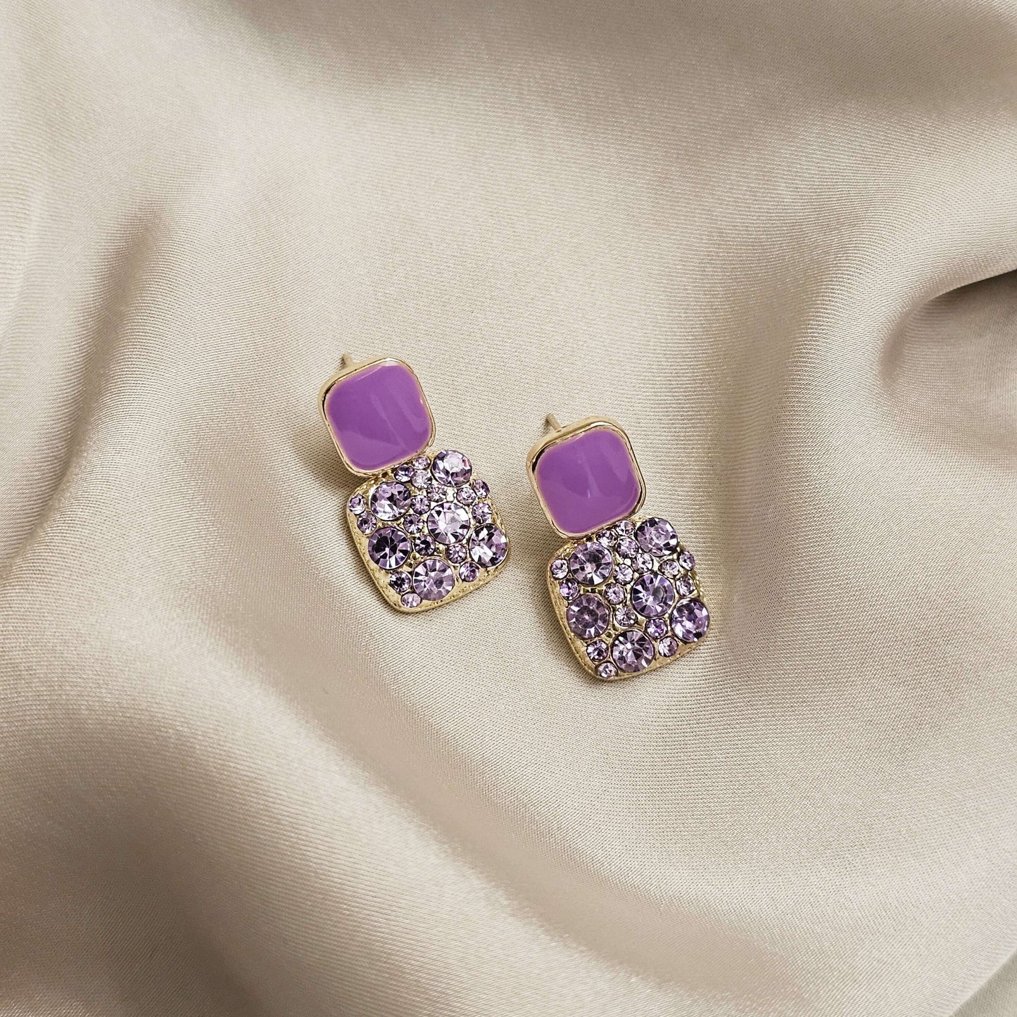 Minimalist Purple Squares Full of Drill Drop Earrings