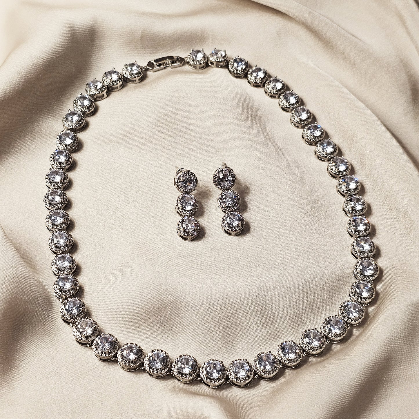 Elegant Rhinestone Jewelry Set, Luxury Full Faux Diamond Crystal Round Link Necklace