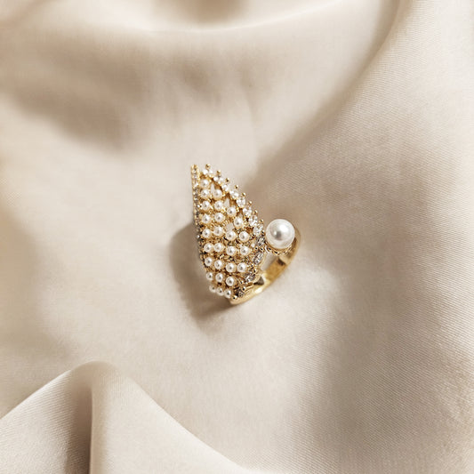 Elegant Pearl Wing Ring Open Adjustable Wing Shape