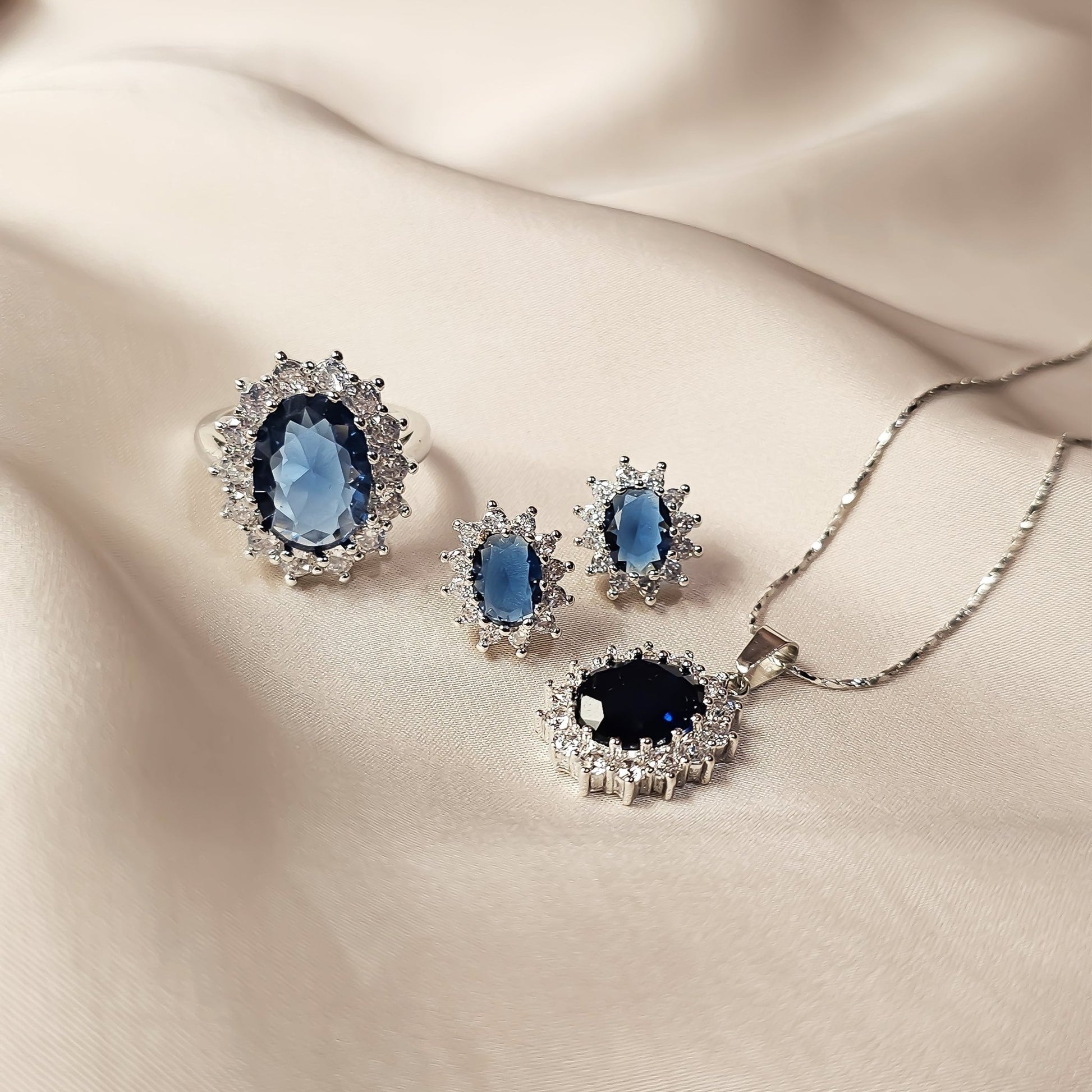 Blue Crystal Rhinestone Charm Earrings Necklace Ring Set - FAH Jewelry