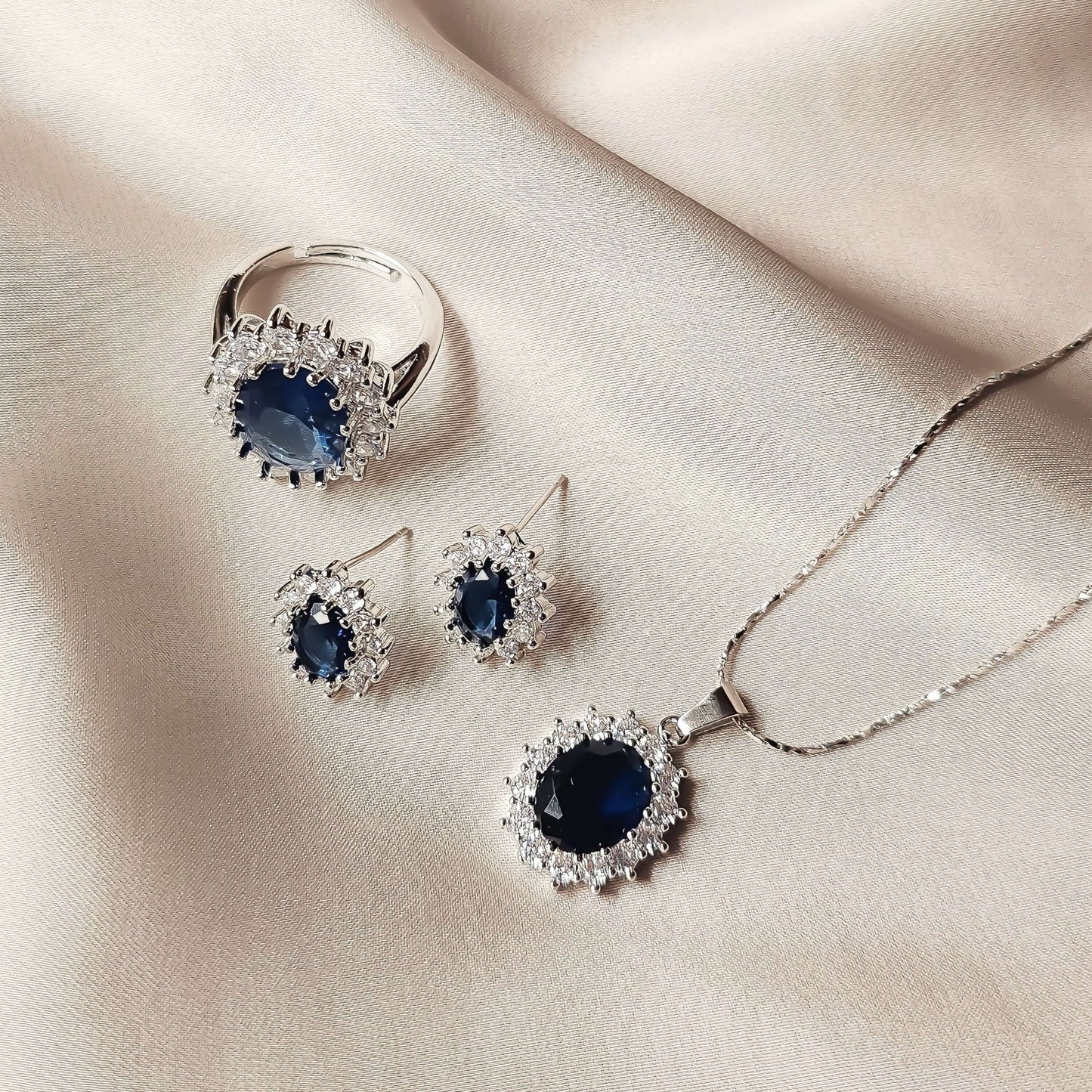 Blue Crystal Rhinestone Charm Earrings Necklace Ring Set - FAH Jewelry