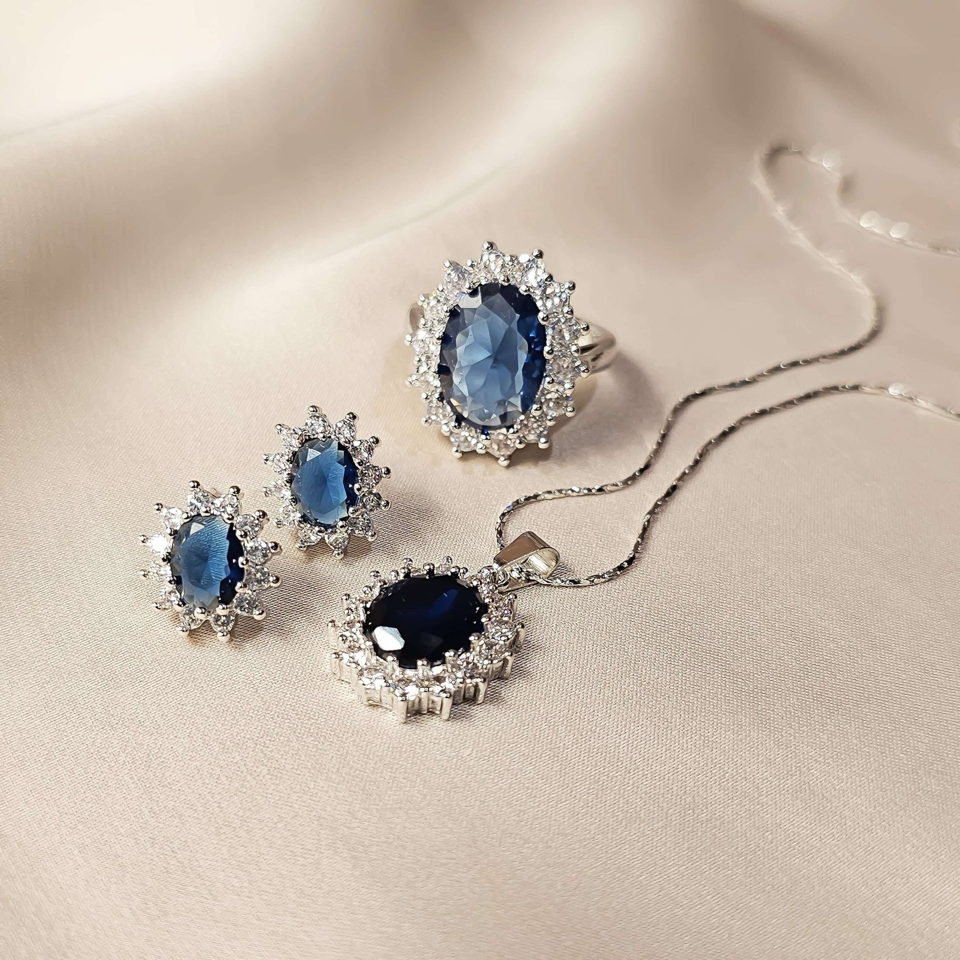 Blue Crystal Rhinestone Charm Earrings Necklace Ring Set - FAH Jewelry