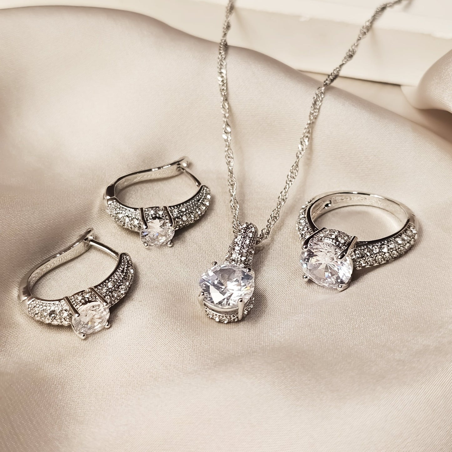 Celestial Spark Platinum Pendant Earrings & Ring - FAH Jewelry