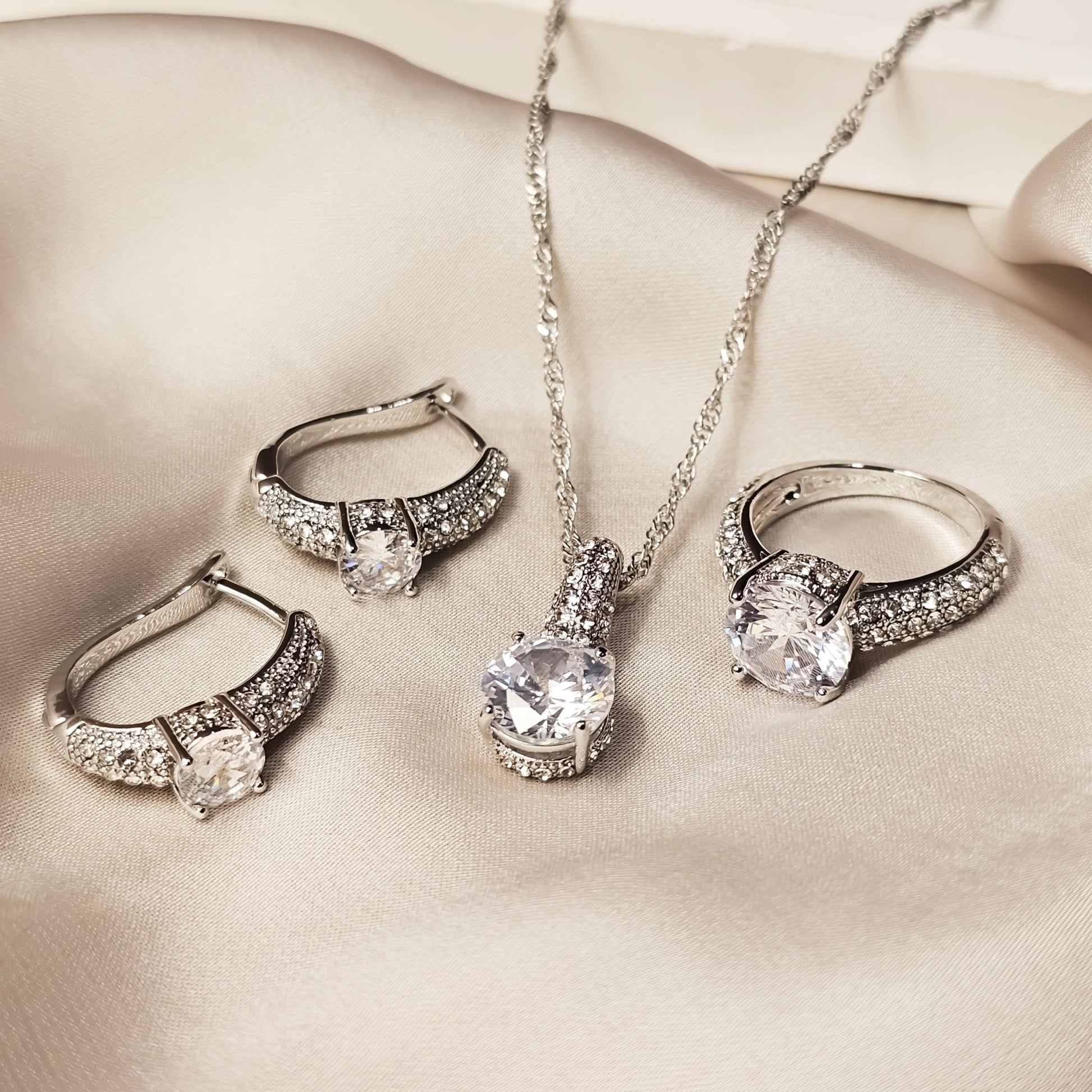 Celestial Spark Platinum Pendant Earrings & Ring - FAH Jewelry