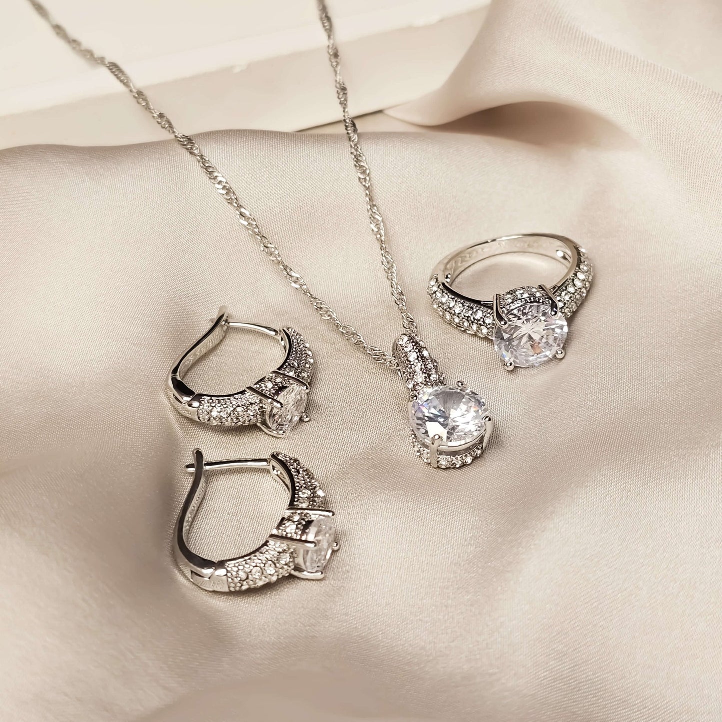 Celestial Spark Platinum Pendant Earrings & Ring - FAH Jewelry