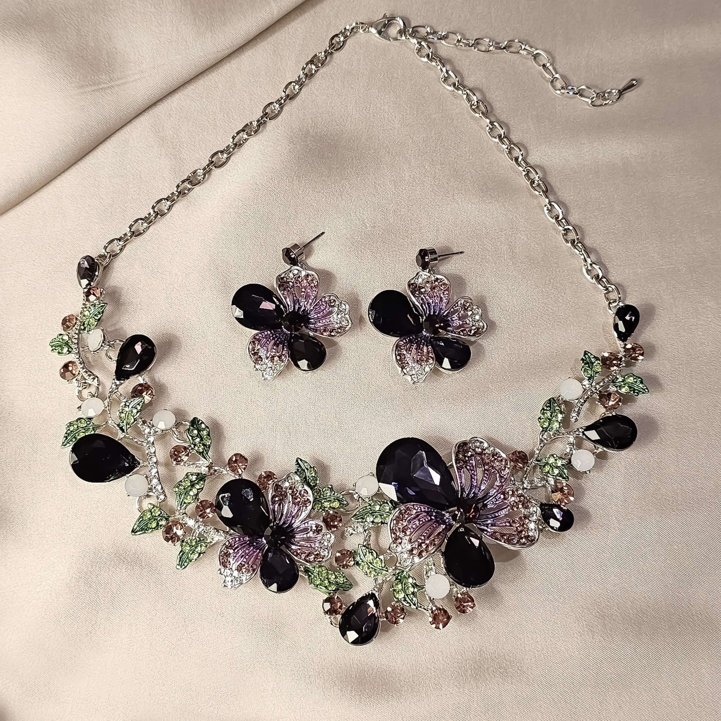 Crystal Rhinestones Purple Flower Statement Necklace Earrings Set - FAH Jewelry