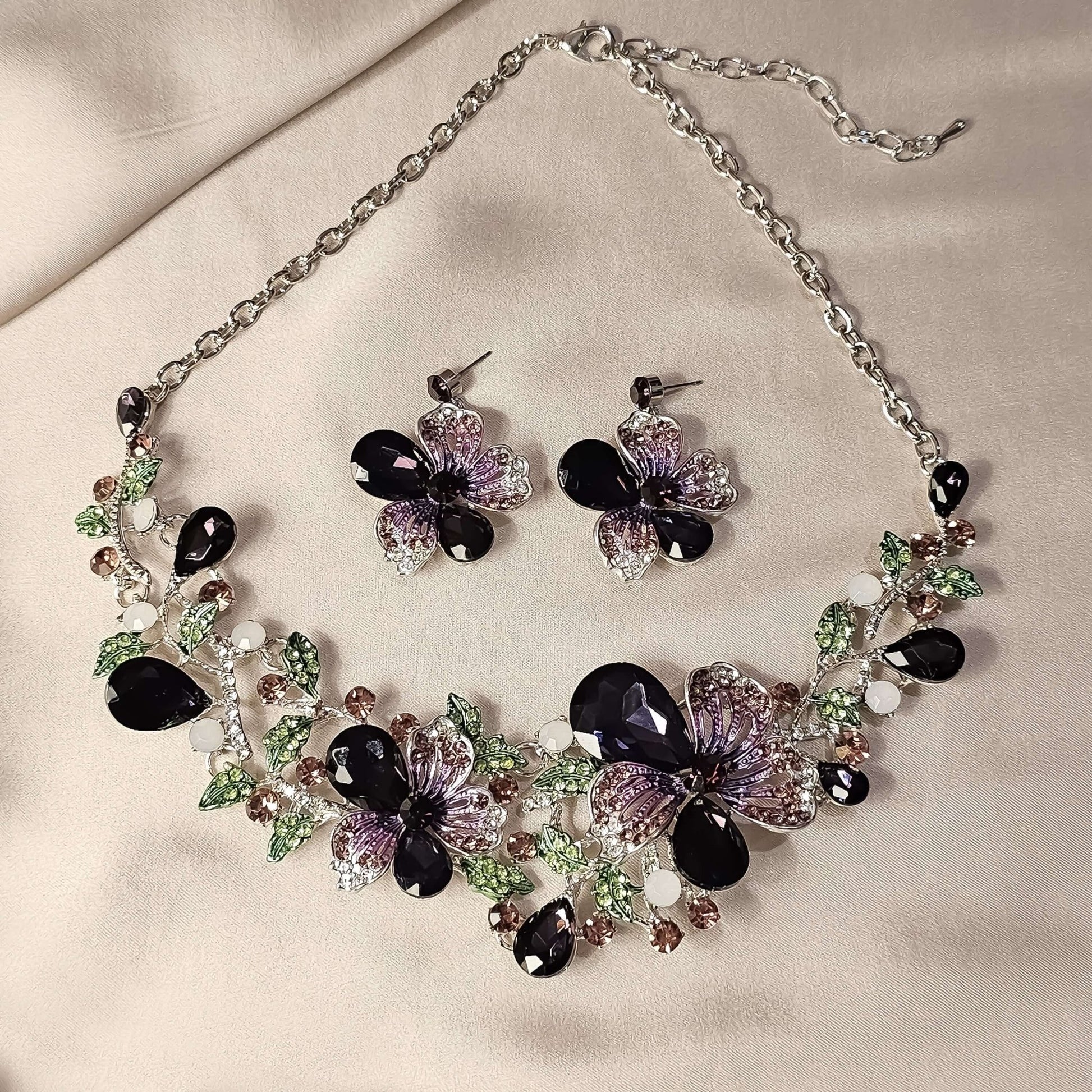 Crystal Rhinestones Purple Flower Statement Necklace Earrings Set - FAH Jewelry