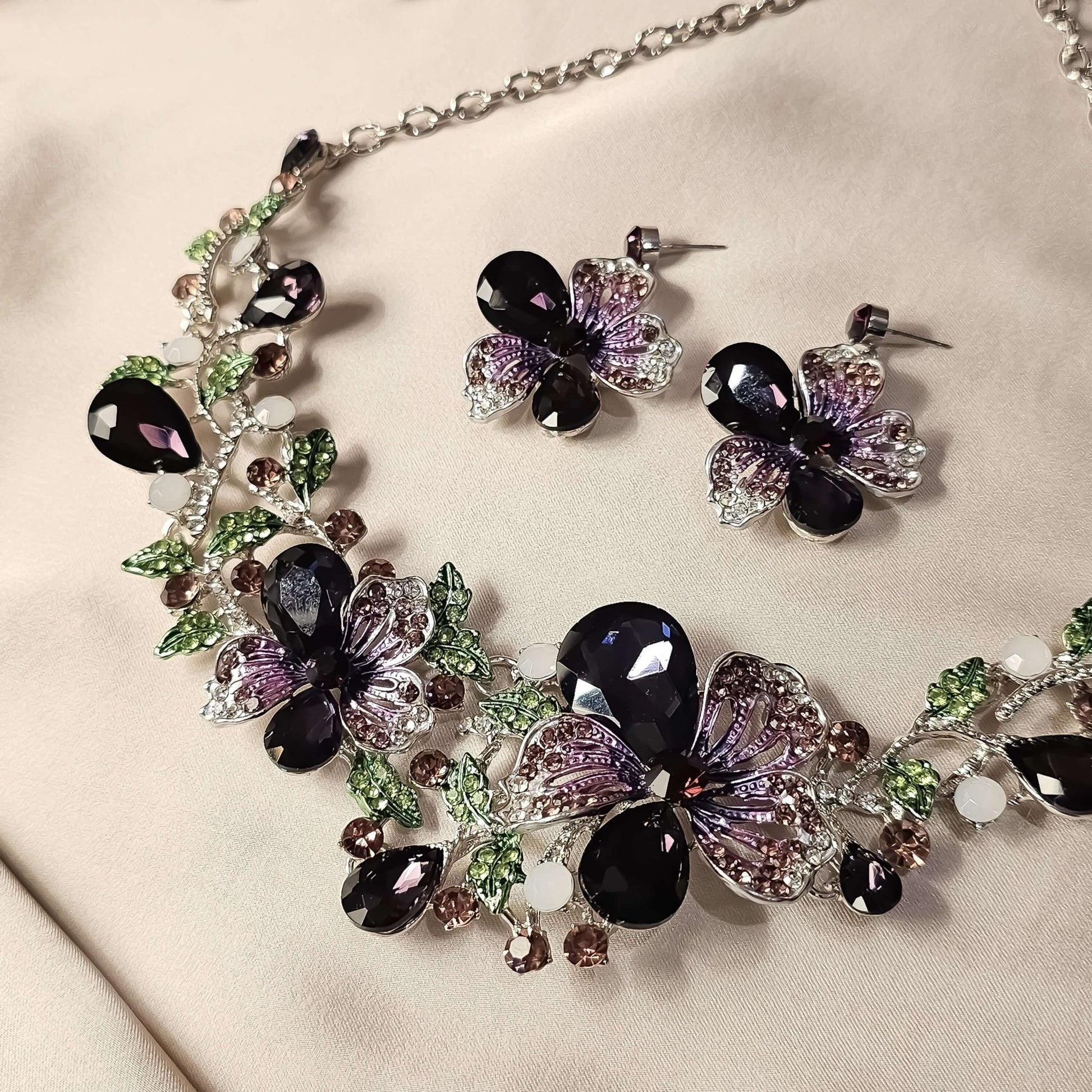 Crystal Rhinestones Purple Flower Statement Necklace Earrings Set - FAH Jewelry