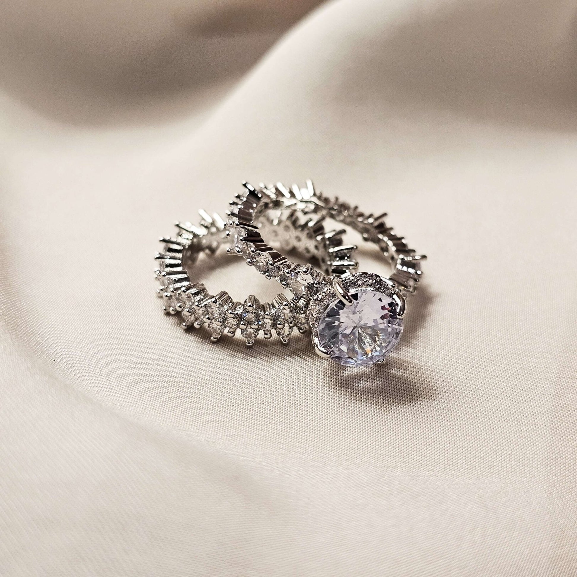 Double Luxury Ring Set Rhodium Plated Diamond Cut - FAH Jewelry