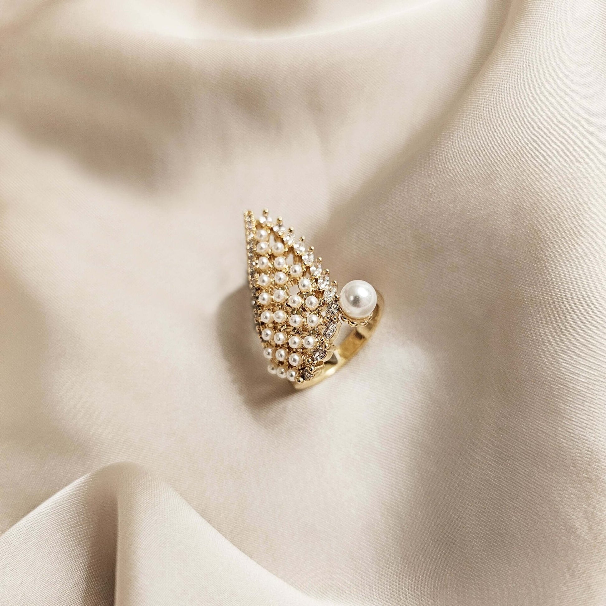 Elegant Pearl Wing Ring Open Adjustable Wing Shape - FAH Jewelry