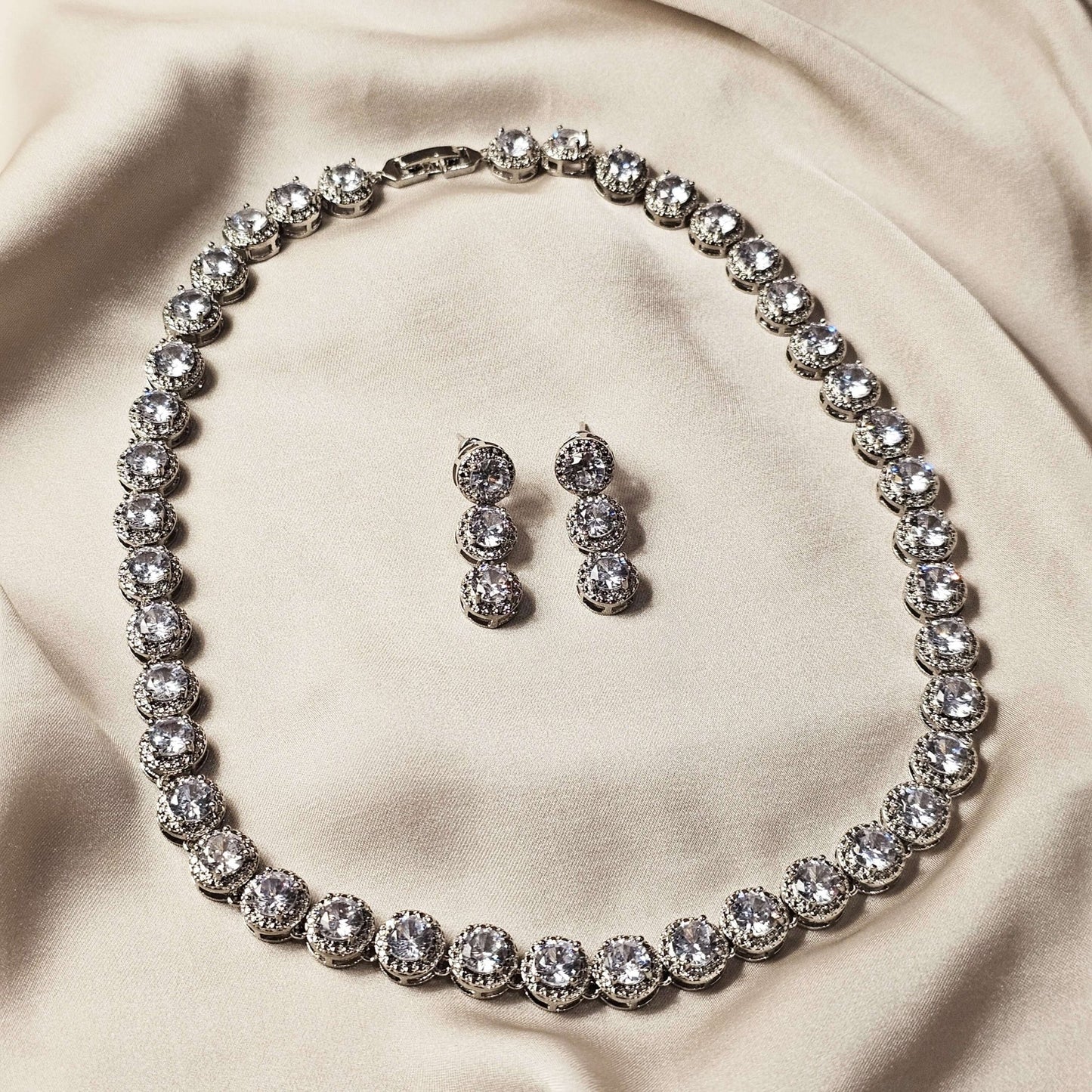 Elegant Rhinestone Jewelry Set, Luxury Full Faux Diamond Crystal Round Link Necklace - FAH Jewelry