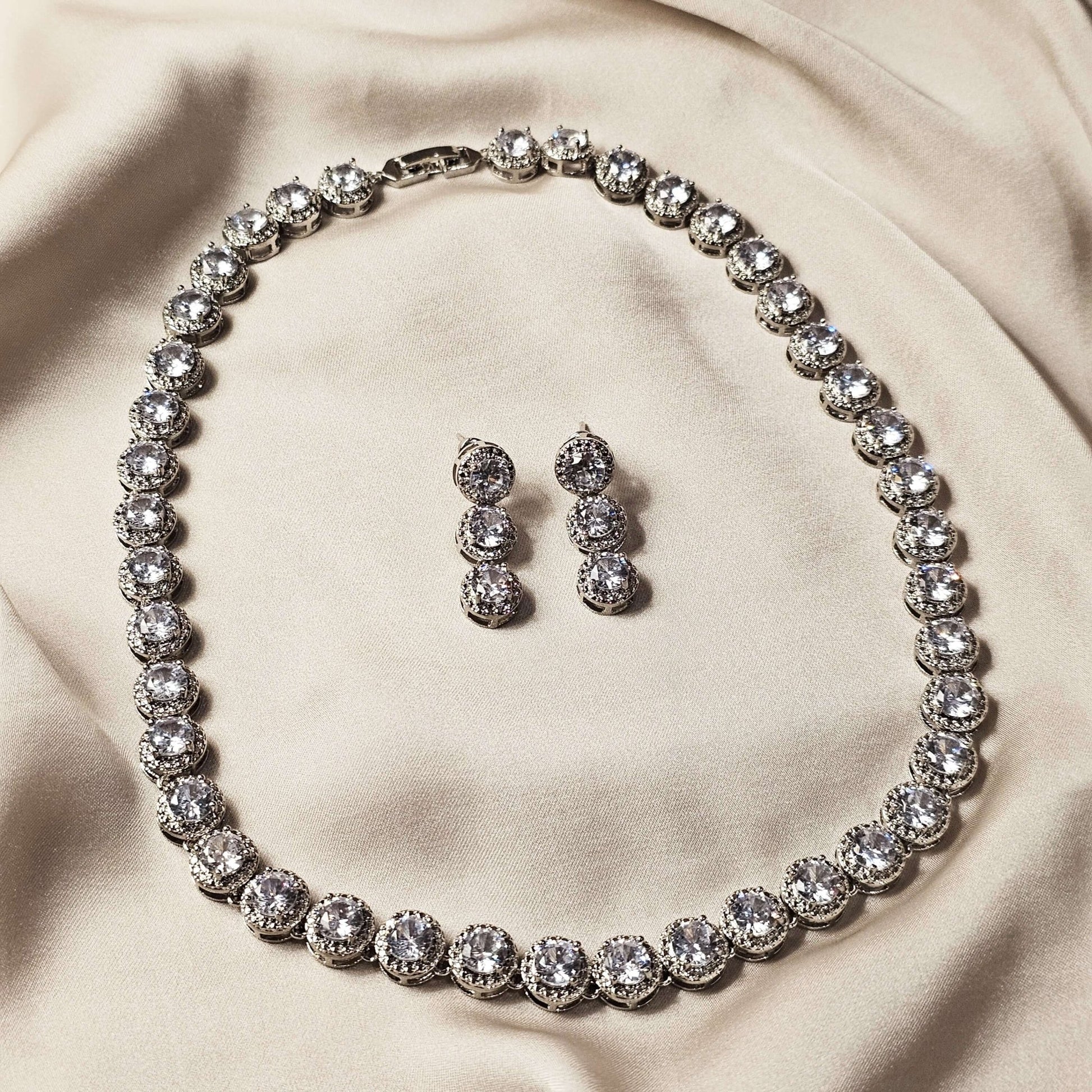 Elegant Rhinestone Jewelry Set, Luxury Full Faux Diamond Crystal Round Link Necklace - FAH Jewelry