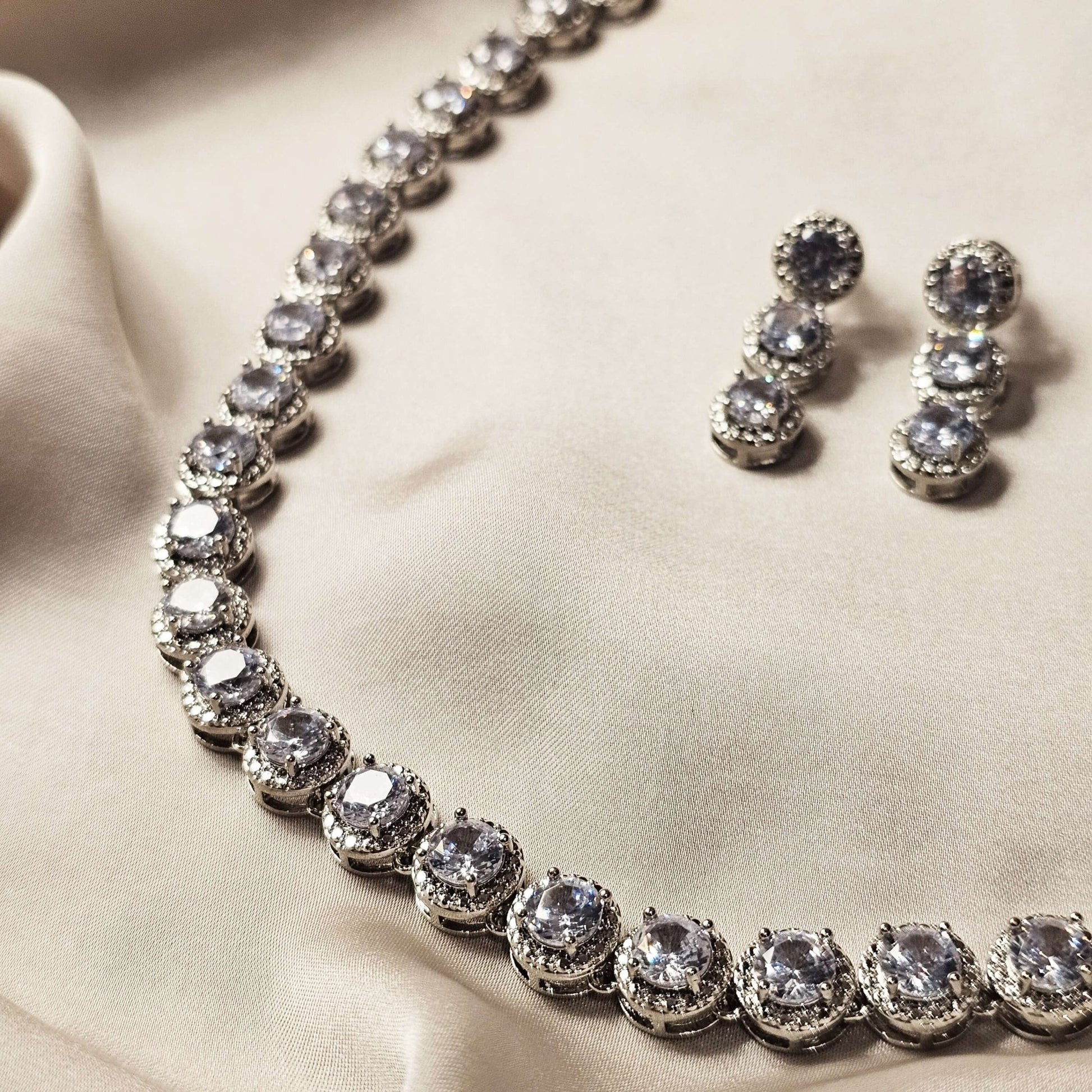 Elegant Rhinestone Jewelry Set, Luxury Full Faux Diamond Crystal Round Link Necklace - FAH Jewelry