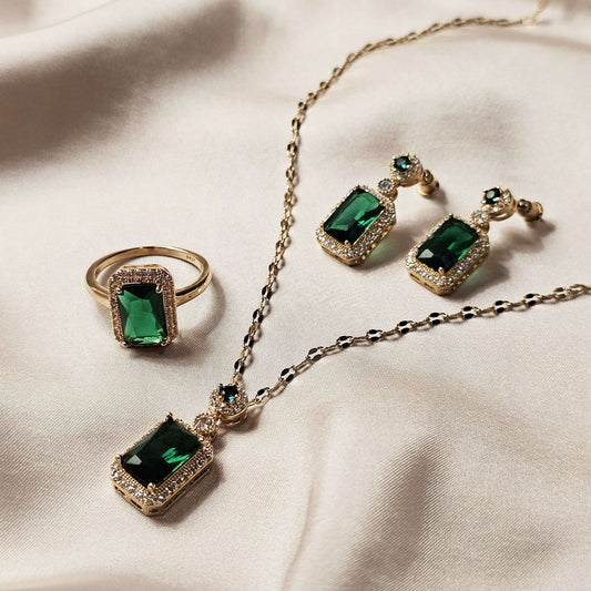 Emerald Perfume Bottle Jewelry Set Exquisite Necklace Earrings Ring - FAH Jewelry