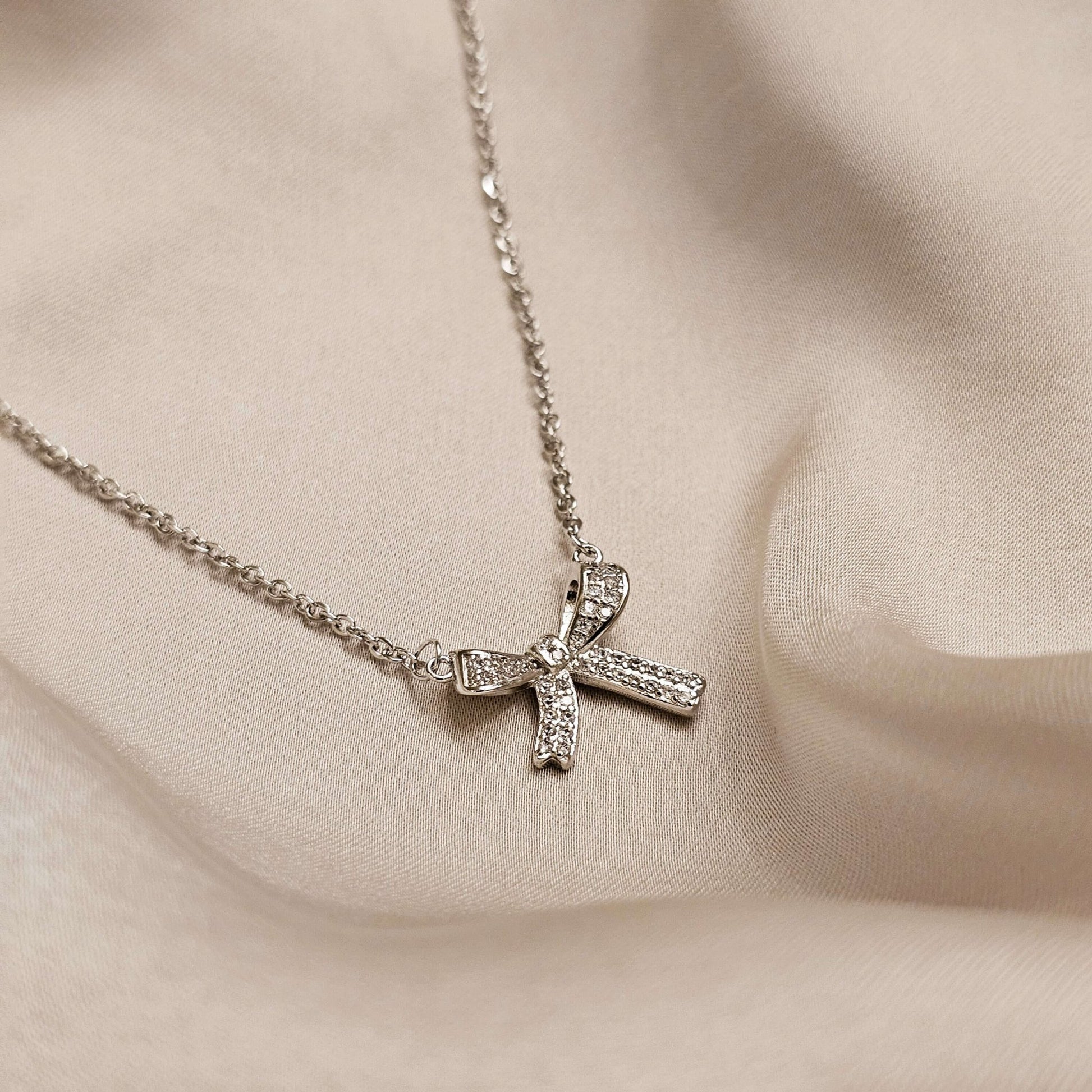 Fashionable Crystal Bowknot Pendant Necklace Stainless Steel - FAH Jewelry