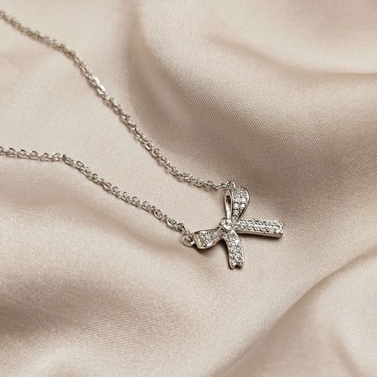 Fashionable Crystal Bowknot Pendant Necklace Stainless Steel - FAH Jewelry