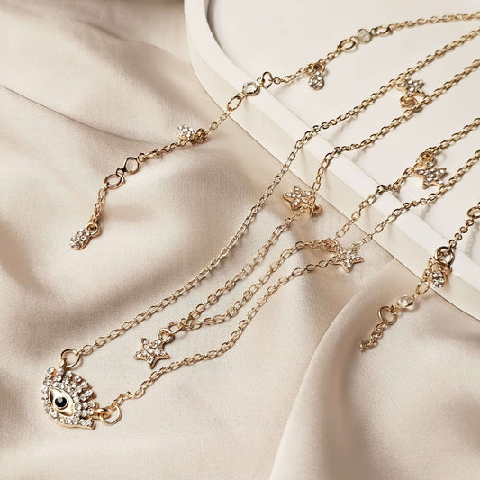 Golden crystal greek eye + star drop necklace - FAH Jewelry