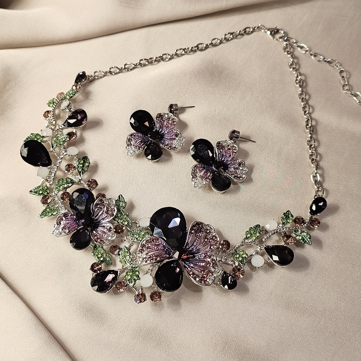 Crystal Rhinestones Purple Flower Statement Necklace Earrings Set