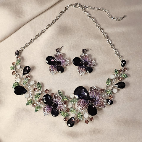 Crystal Rhinestones Purple Flower Statement Necklace Earrings Set