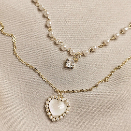 Pearl Double - layer love Necklace Collarbone Chain and Neck Chain - FAH Jewelry