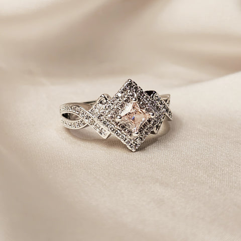 Silver Square Shape Pink & Clear Cubic Zirconia Ring