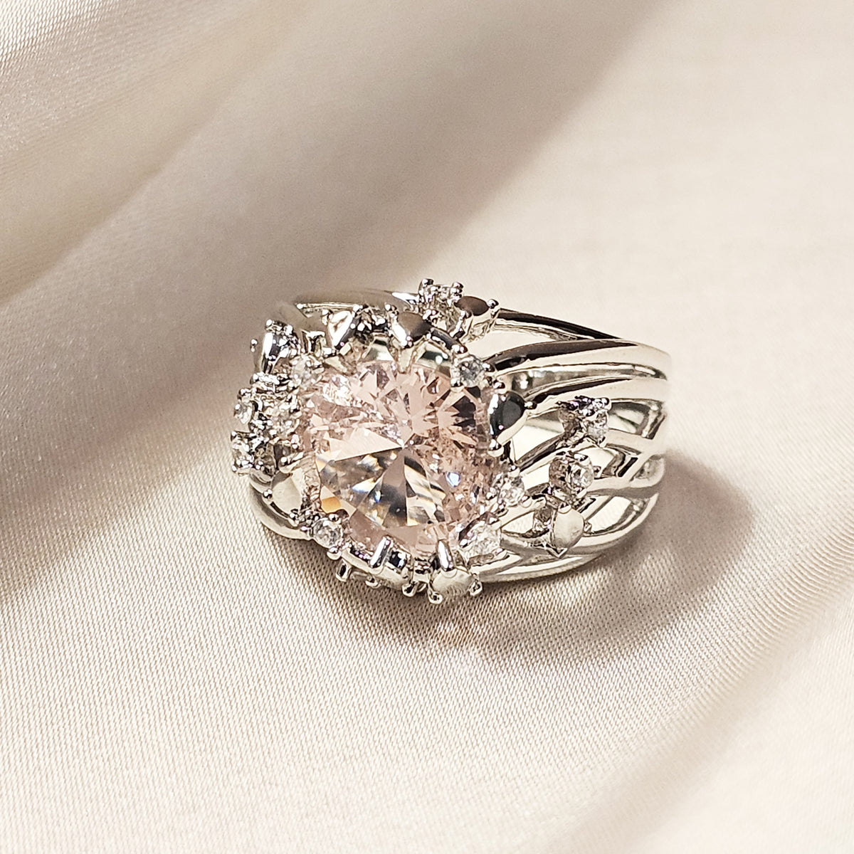 Flowers Design White Pink Crystal Rhinestone Classic Ring