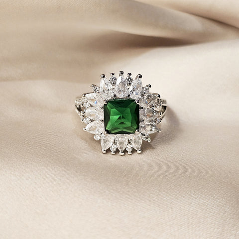 Zircon & Emerald Square Flower Ring