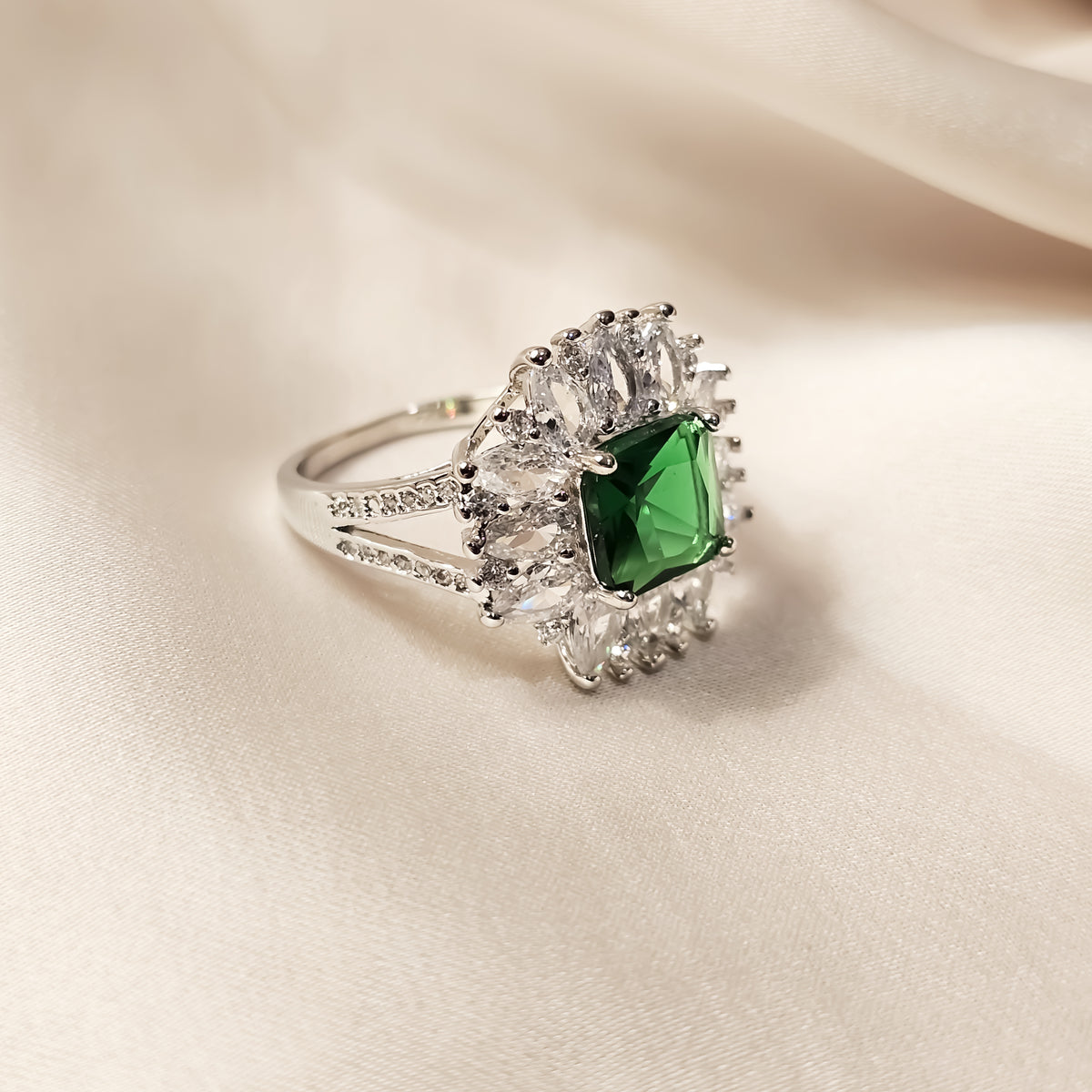 Zircon & Emerald Square Flower Ring