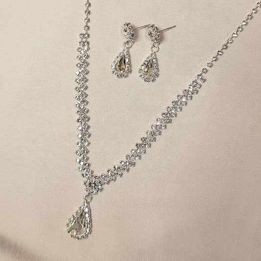 Rhinestones Long Pendant Full Crystal Silver Plated Necklace & Earrings - FAH Jewelry