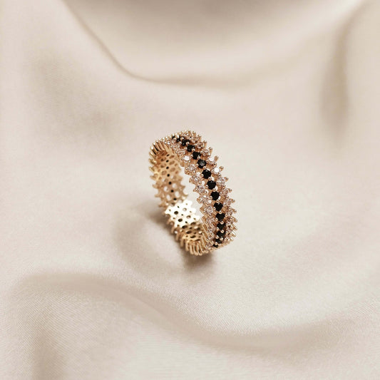 Trendy Design Half Eternity Black & White Round Cut Moissanite Diamond Ring - FAH Jewelry