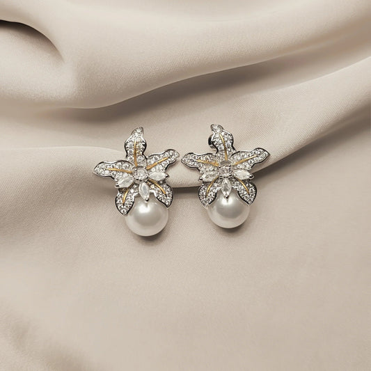 Two Tone Flower Simulated Pearl Earrings - FAH Jewelry