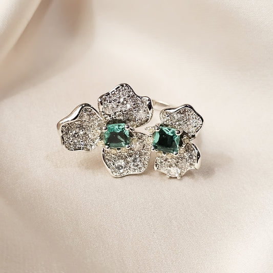 Zirconia Flower Double Color Green White Adjustable Ring - FAH Jewelry