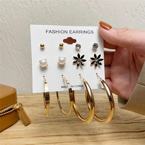 Design Big Geometric Set of Flower Pearl Earrings